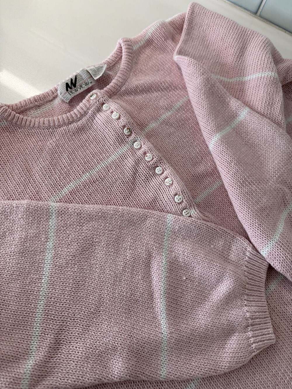 Vintage 90s Pink Striped Henley Knit Sweater Size M